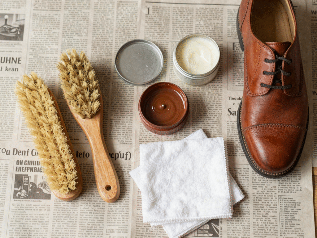 Kit d'entretien du cuir étalé sur du papier journal : brosses, cirage, lait nourrissant et chiffons