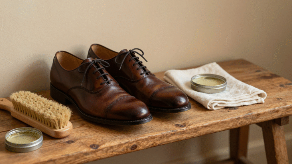 Chaussures en cuir marron fraîchement cirées à côté d'une brosse en crin et d'une boîte de cirage
