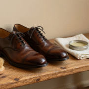 Chaussures en cuir marron fraîchement cirées à côté d'une brosse en crin et d'une boîte de cirage