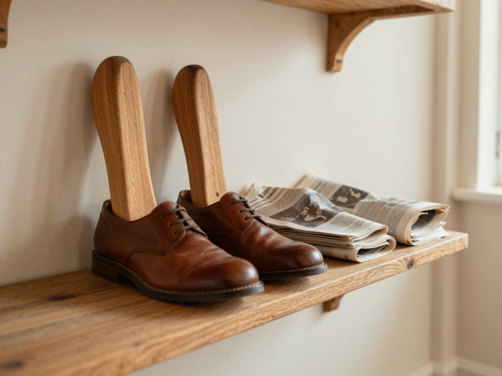Embauchoirs en cèdre dans des chaussures en cuir, une autre paire séchant bourrée de papier journal