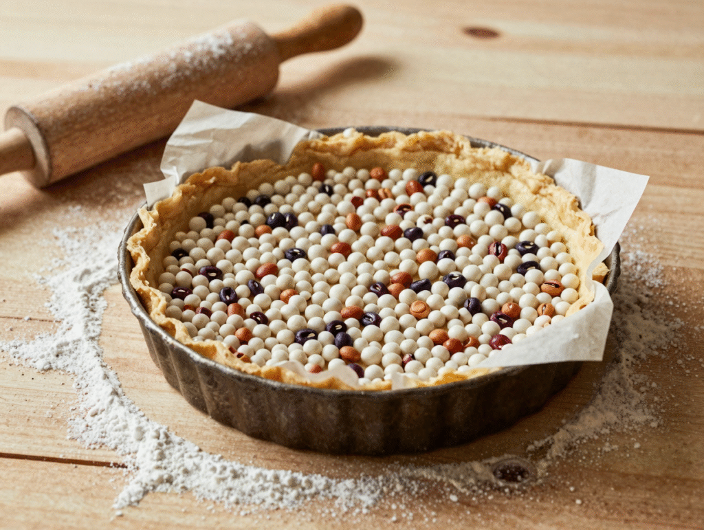 Fond de tarte garni de papier cuisson et de billes de céramique pour la cuisson à blanc