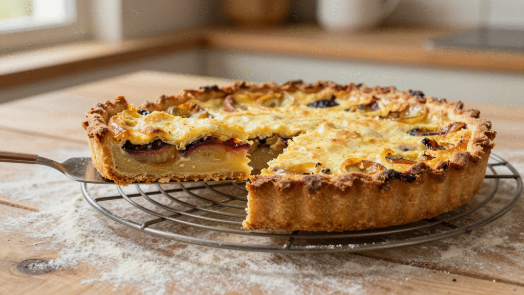 Tarte aux fruits au fond bien doré et croustillant, une part soulevée montrant la base sèche