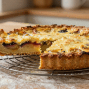 Tarte aux fruits au fond bien doré et croustillant, une part soulevée montrant la base sèche