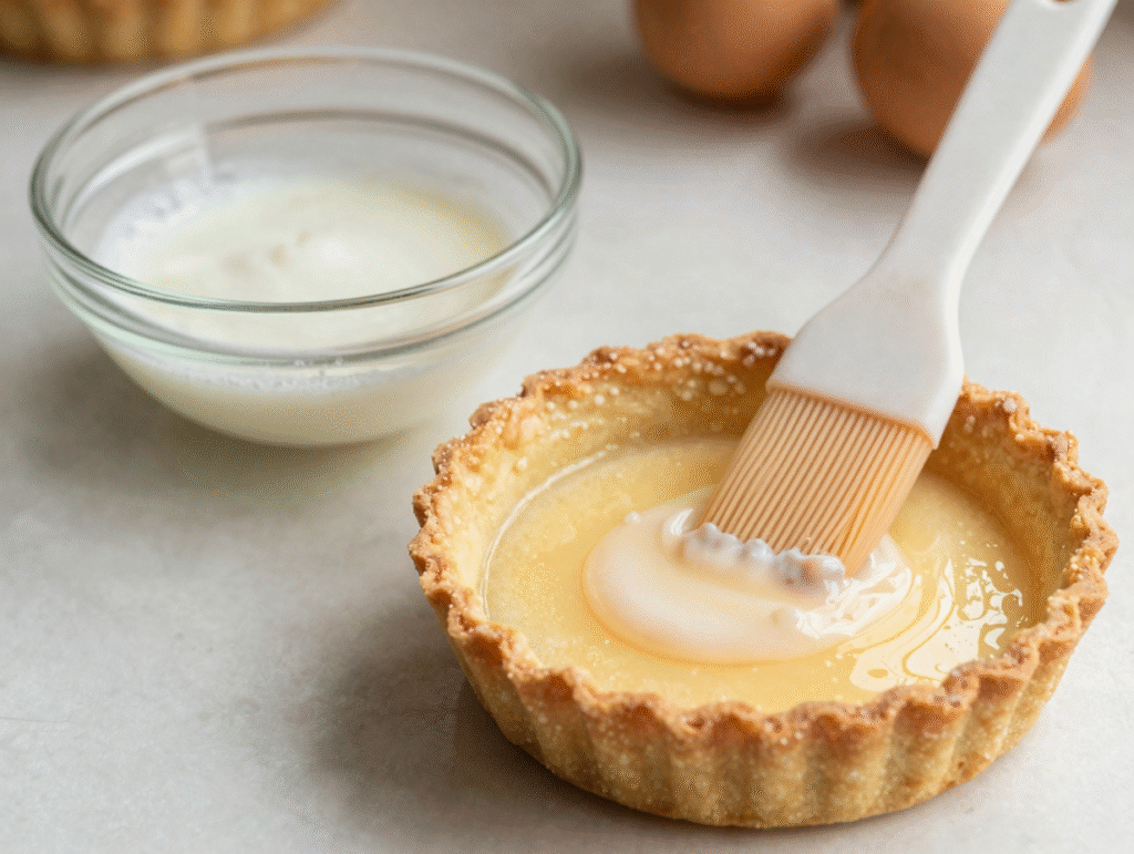 Fond de tarte précuit badigeonné de blanc d'œuf battu pour l'imperméabiliser