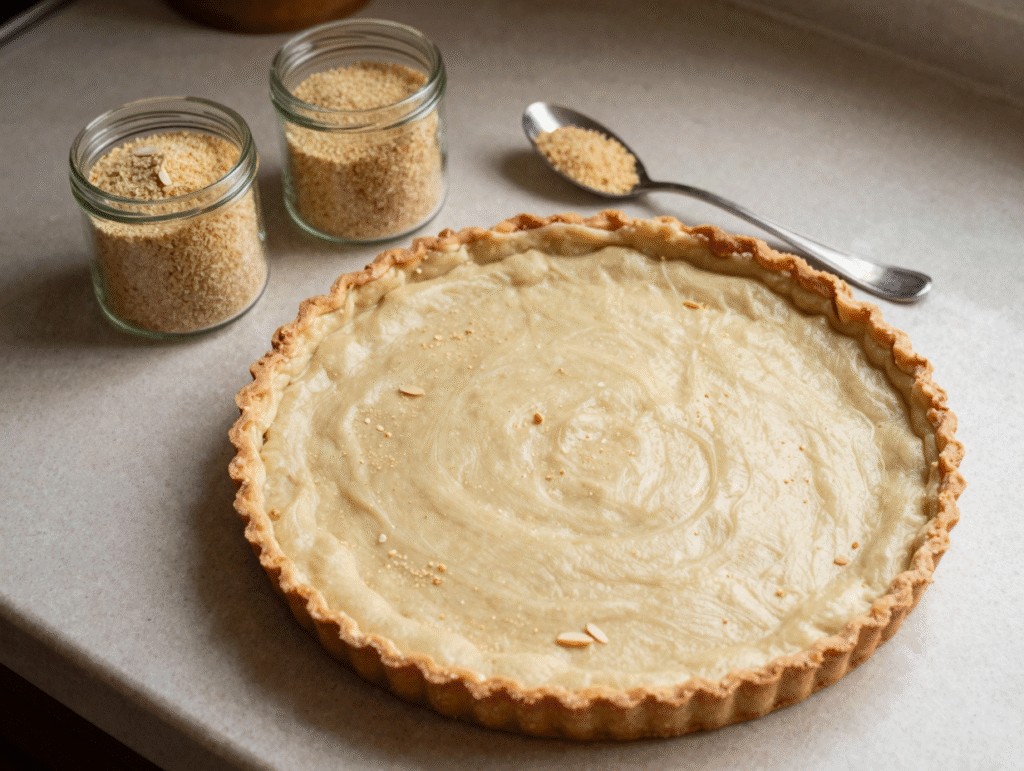 Fine couche de poudre d'amande répartie sur un fond de tarte cru avant la garniture