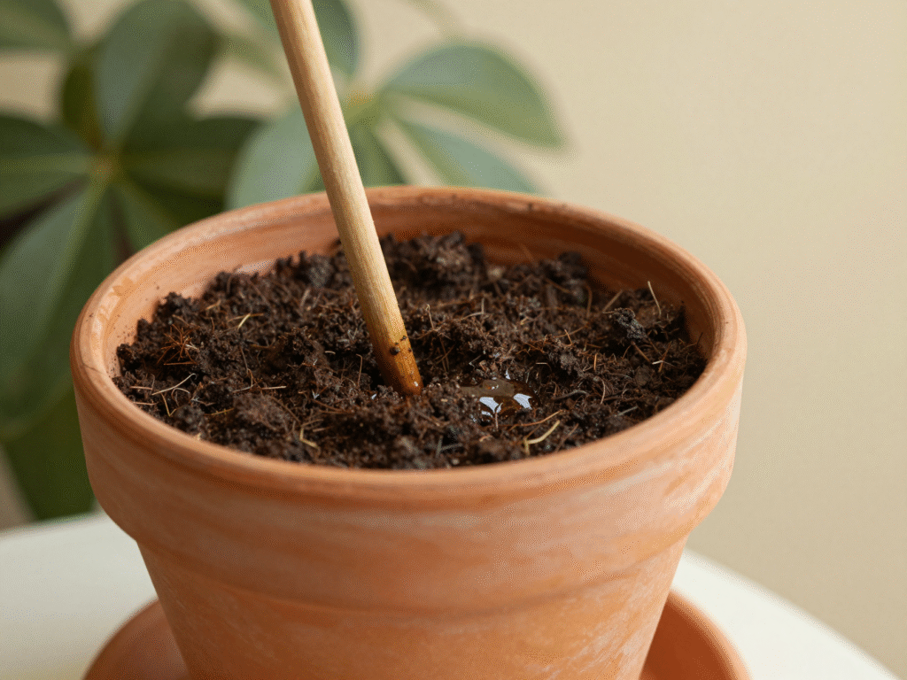 Bâtonnet en bois planté dans le terreau d'un pot pour vérifier l'humidité avant arrosage
