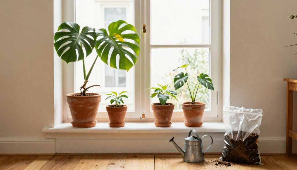 Plantes d'intérieur en pots de terre cuite près d'une fenêtre, dont un monstera avec une feuille jaunissante