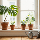 Plantes d'intérieur en pots de terre cuite près d'une fenêtre, dont un monstera avec une feuille jaunissante