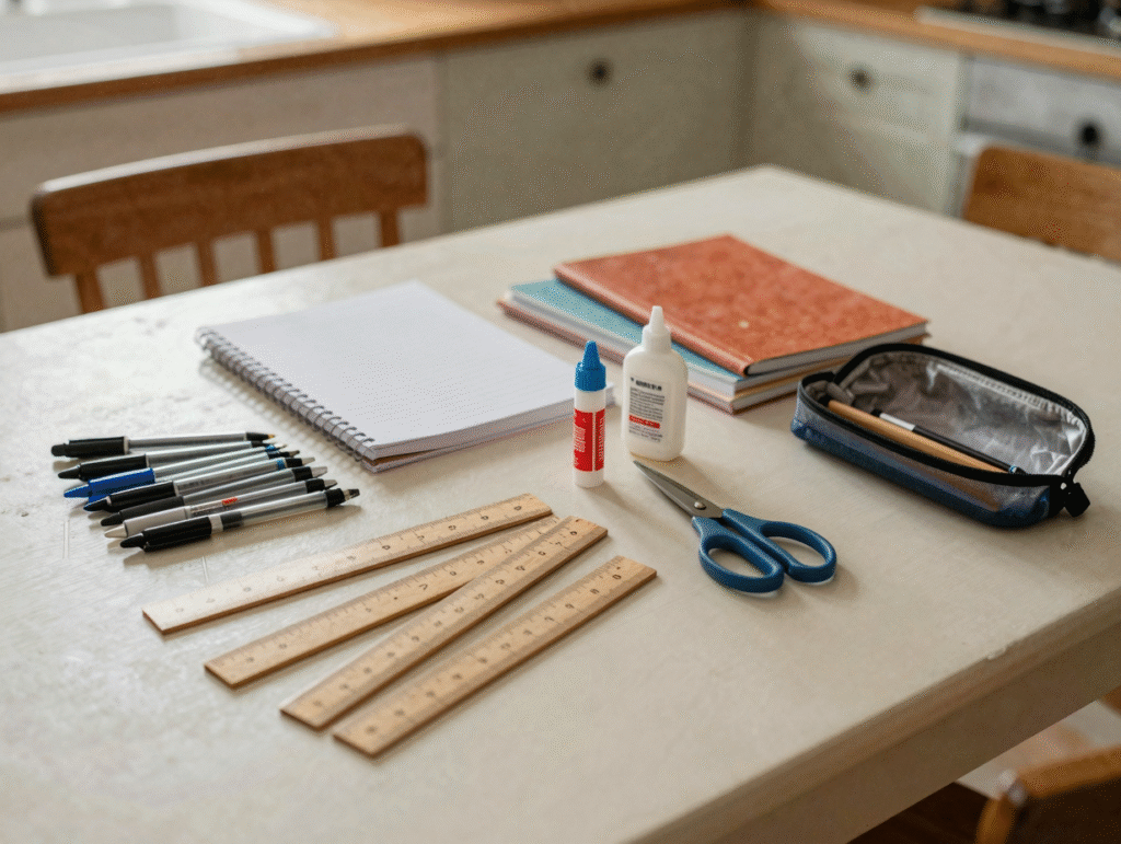 Fournitures de l'an dernier triées en tas sur la table : stylos, règles, cahiers entamés