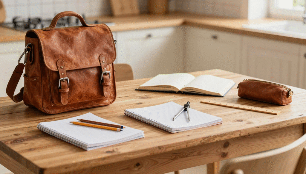 Cartable et fournitures scolaires étalés sur une table en bois avant la rentrée