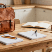 Cartable et fournitures scolaires étalés sur une table en bois avant la rentrée
