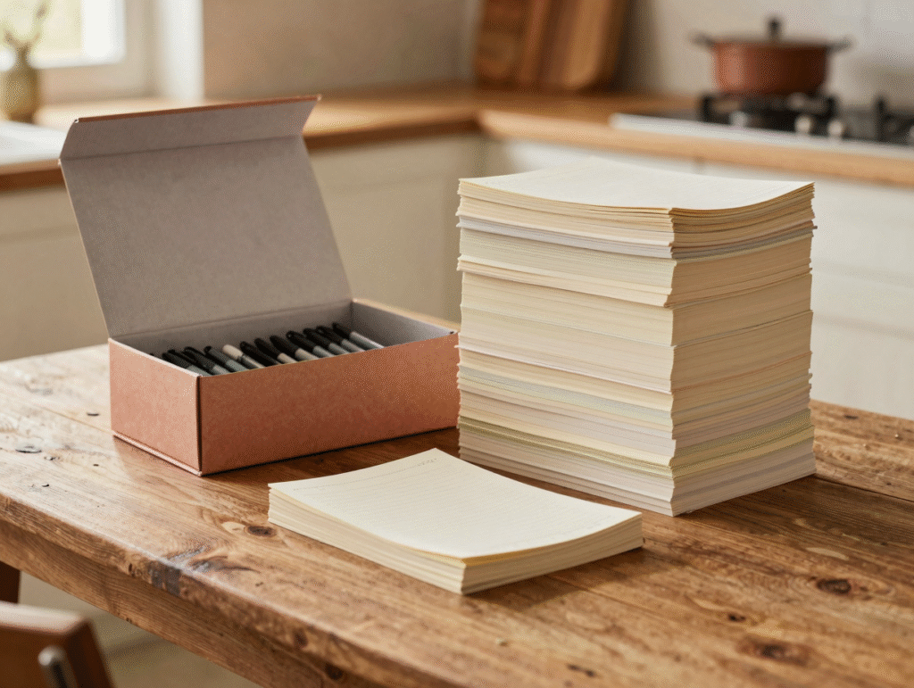 Boîte de stylos en gros et pile de cahiers répartis en trois lots sur une table