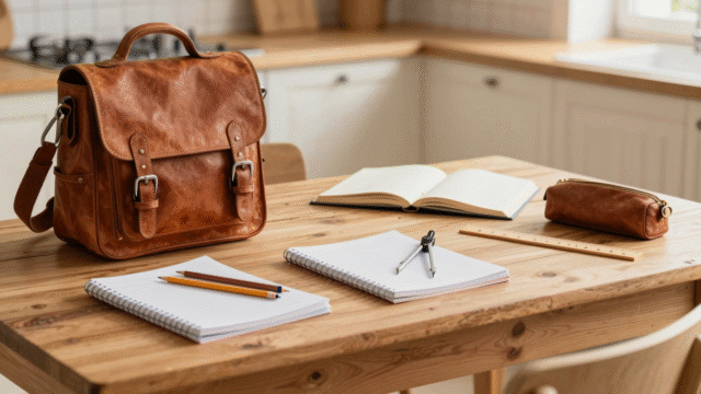 Cartable et fournitures scolaires étalés sur une table en bois avant la rentrée