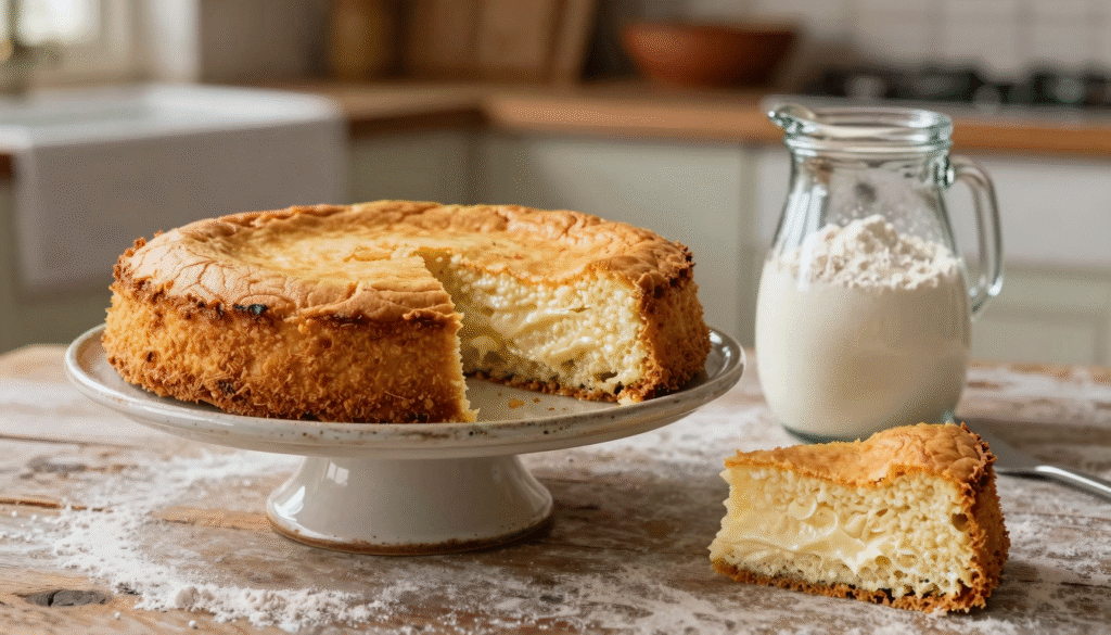 Gâteau au yaourt doré et moelleux, avec le pot en verre qui sert de mesure
