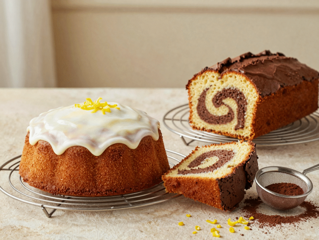 Deux variantes du gâteau au yaourt : citron glacé et marbré au chocolat