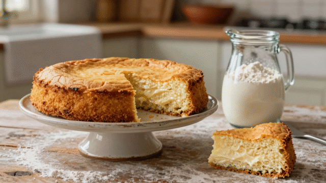 Gâteau au yaourt doré et moelleux, avec le pot en verre qui sert de mesure