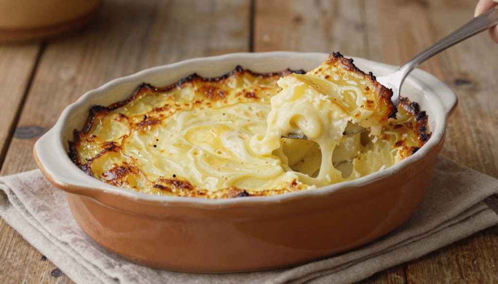 Gratin de pommes de terre bien doré dans un plat en terre cuite, une part soulevée montrant les couches fondantes
