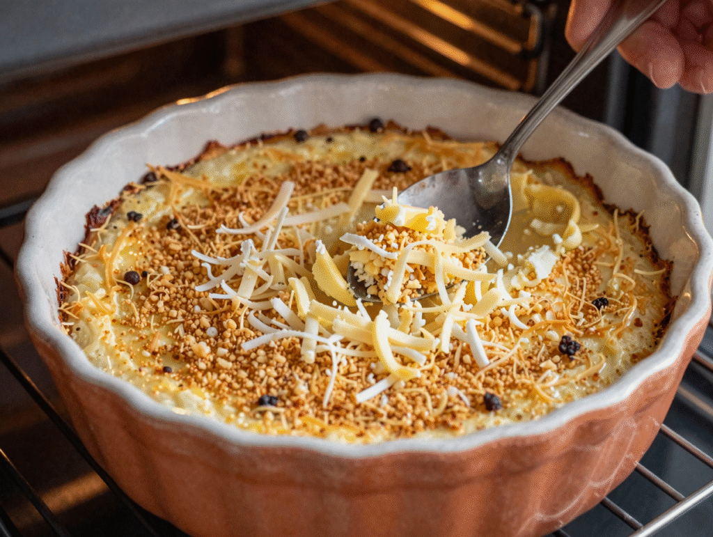 Chapelure beurrée émiettée sur un gratin en fin de cuisson