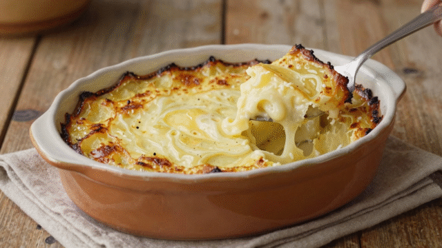 Gratin de pommes de terre bien doré dans un plat en terre cuite, une part soulevée montrant les couches fondantes