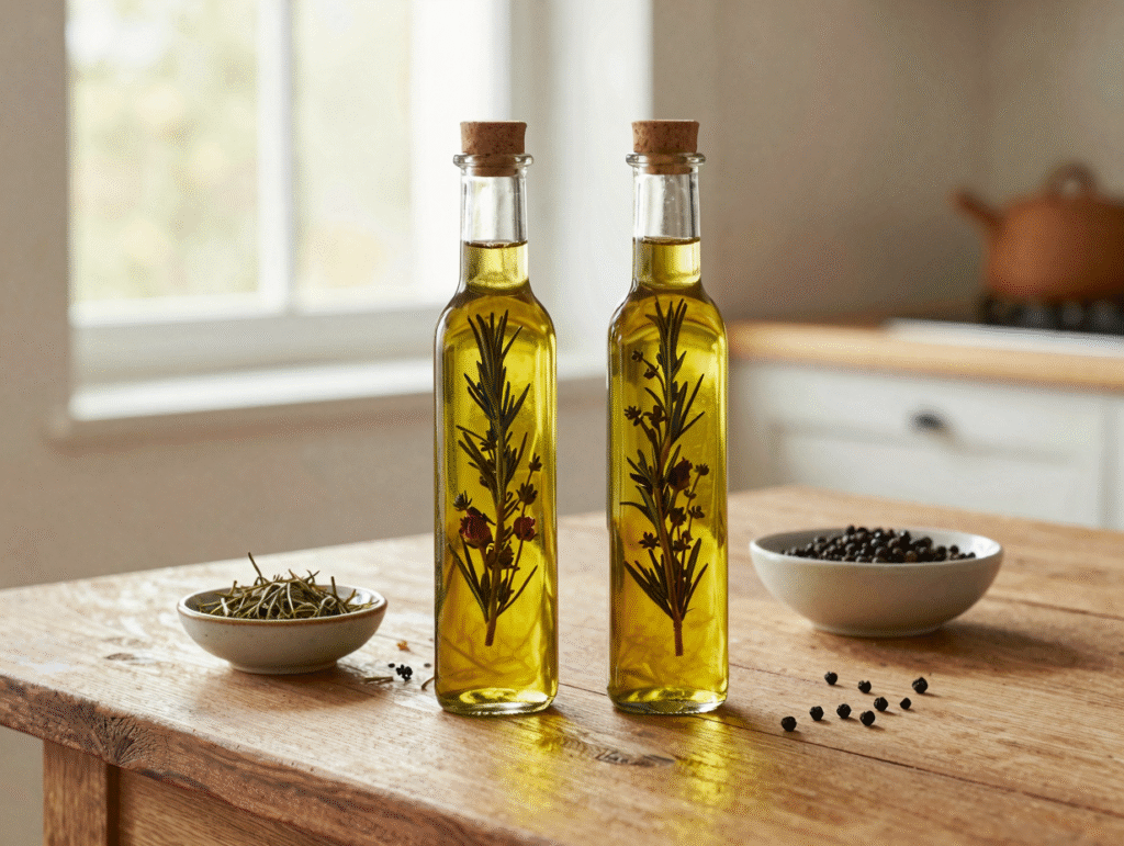 Huiles d'olive en cours d'infusion avec des herbes sèches, bols d'aromates posés à côté