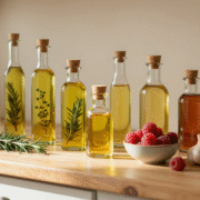 Bouteilles d'huiles et de vinaigres aromatisés maison alignées sur une étagère de cuisine campagnarde