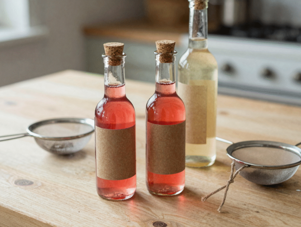 Petites bouteilles de vinaigre de framboise rose vif prêtes à étiqueter, filtre et ficelle à portée de main