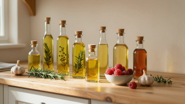 Bouteilles d'huiles et de vinaigres aromatisés maison alignées sur une étagère de cuisine campagnarde