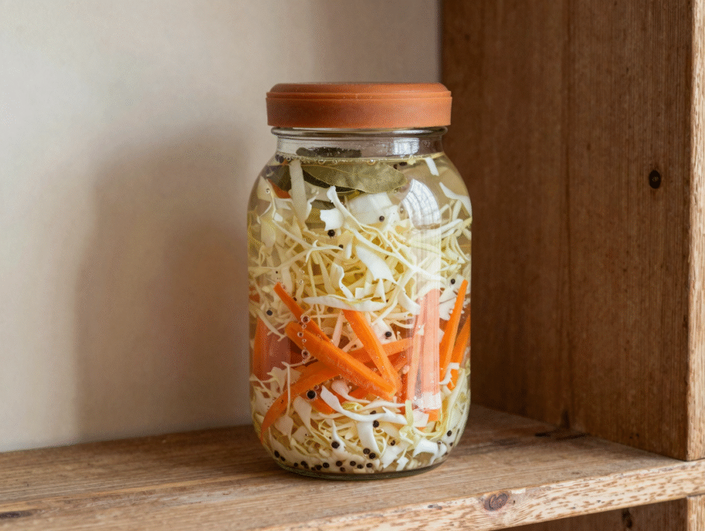 Bocal de chou et carottes lacto-fermentés, légumes immergés dans la saumure