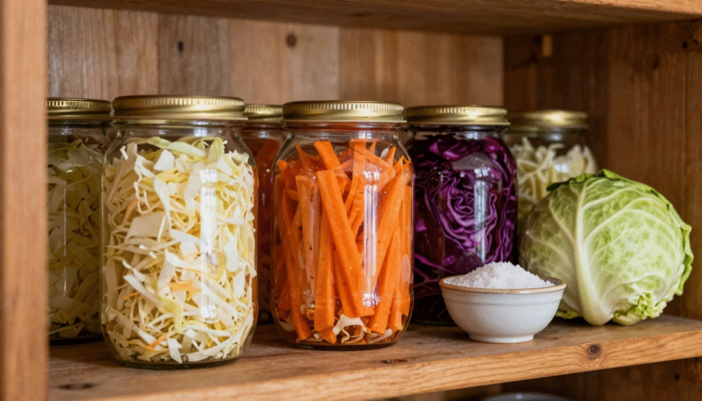 Bocaux de légumes lacto-fermentés alignés sur une étagère de garde-manger