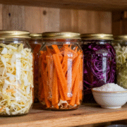 Bocaux de légumes lacto-fermentés alignés sur une étagère de garde-manger