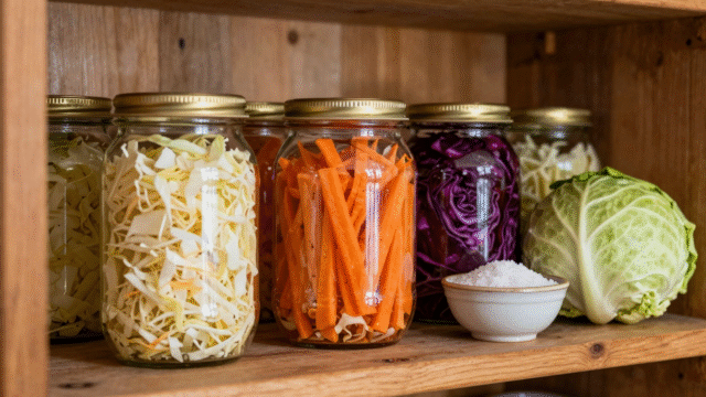 Bocaux de légumes lacto-fermentés alignés sur une étagère de garde-manger