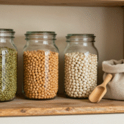 Bocaux en verre de lentilles vertes, pois chiches et haricots blancs sur une étagère de cellier