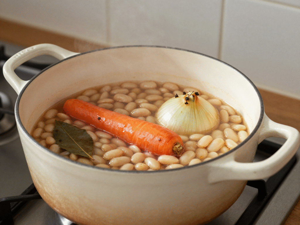 Haricots blancs qui mijotent avec laurier, carotte et oignon piqué de clous de girofle