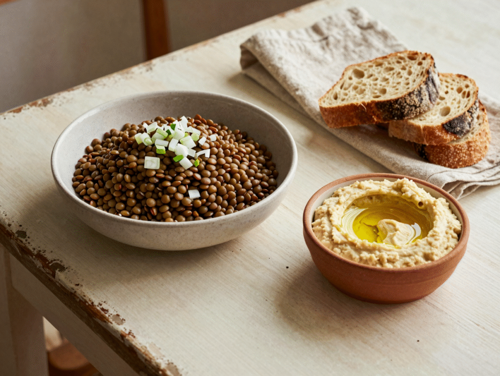 Salade de lentilles à l'échalote et bol de houmous maison avec du pain de campagne