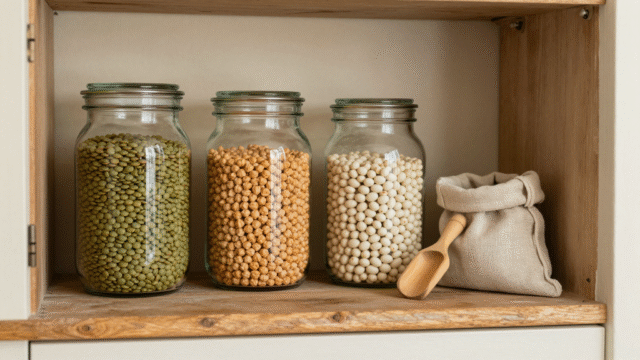Bocaux en verre de lentilles vertes, pois chiches et haricots blancs sur une étagère de cellier