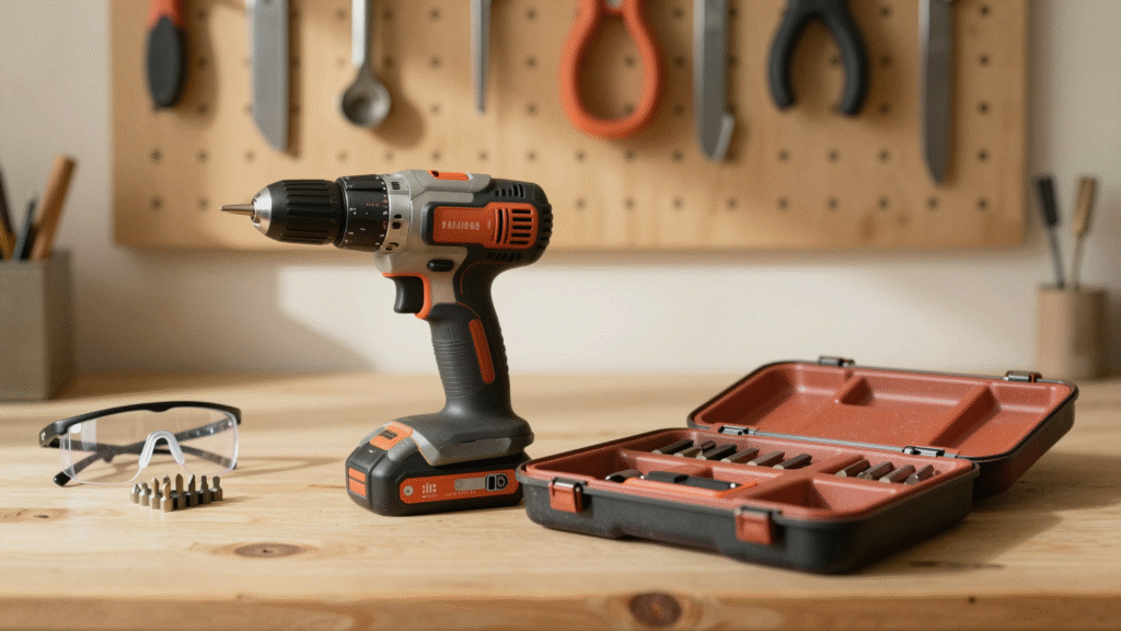 Perceuse sans fil dans sa mallette ouverte sur un établi de garage bien rangé