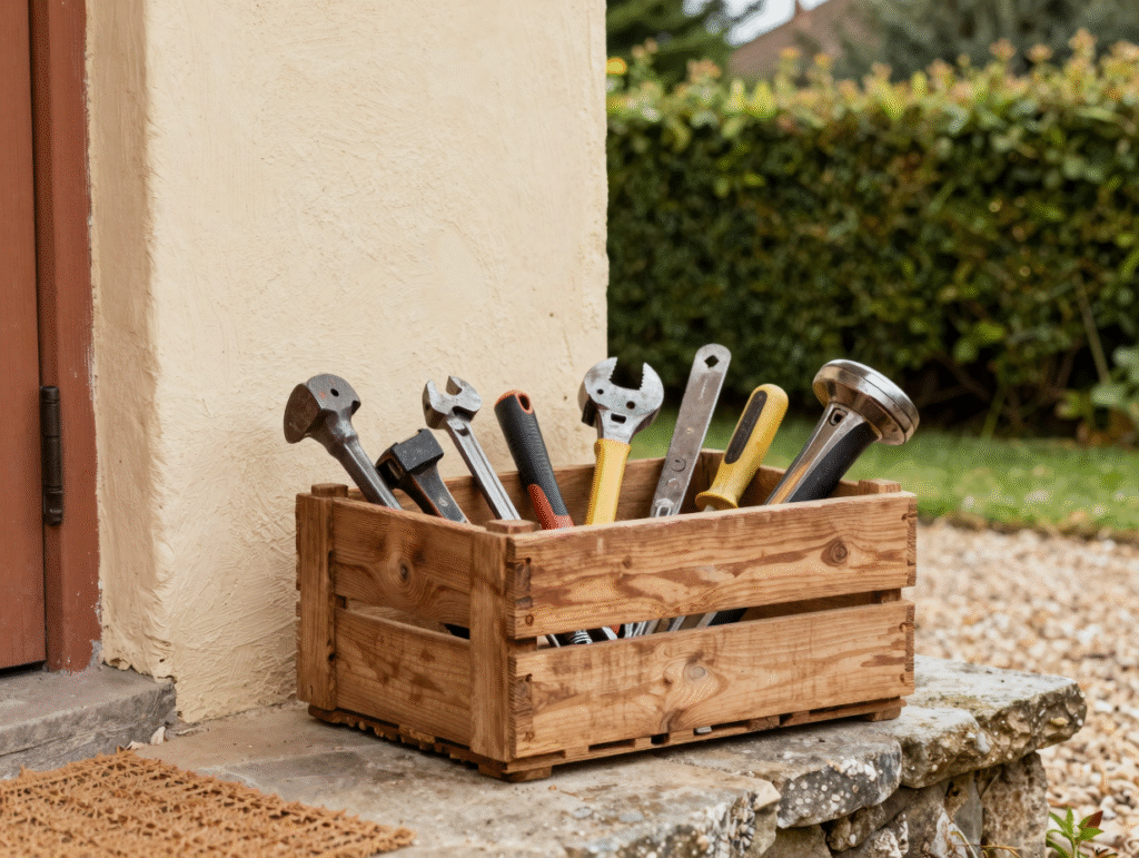 Cagette d'outils à main posée sur le pas d'une porte, prête à être prêtée à un voisin