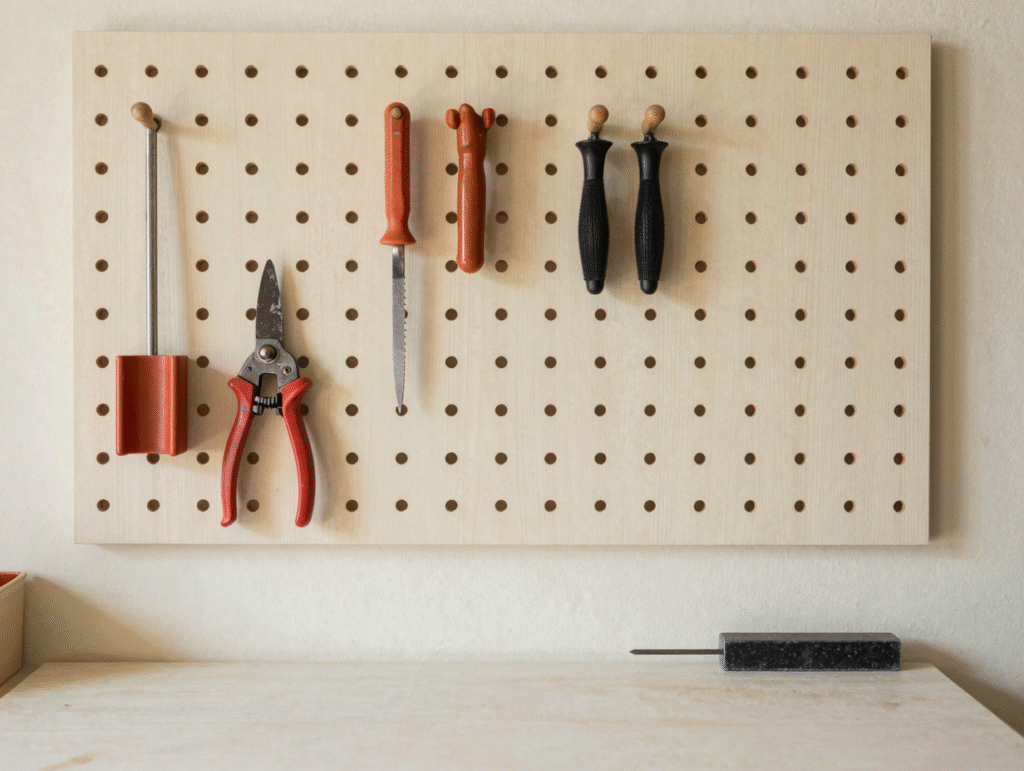 Panneau d'atelier bien organisé, outils entretenus suspendus au-dessus d'un établi