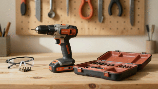 Perceuse sans fil dans sa mallette ouverte sur un établi de garage bien rangé