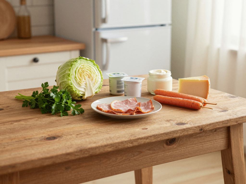 Aliments à finir sortis du frigo et rassemblés sur une table en bois