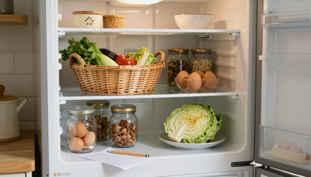 Frigo ouvert et bien rangé, avec un crayon et une feuille posés sur l'étagère pour faire l'inventaire