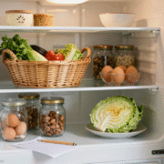 Frigo ouvert et bien rangé, avec un crayon et une feuille posés sur l'étagère pour faire l'inventaire