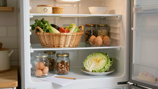 Frigo ouvert et bien rangé, avec un crayon et une feuille posés sur l'étagère pour faire l'inventaire