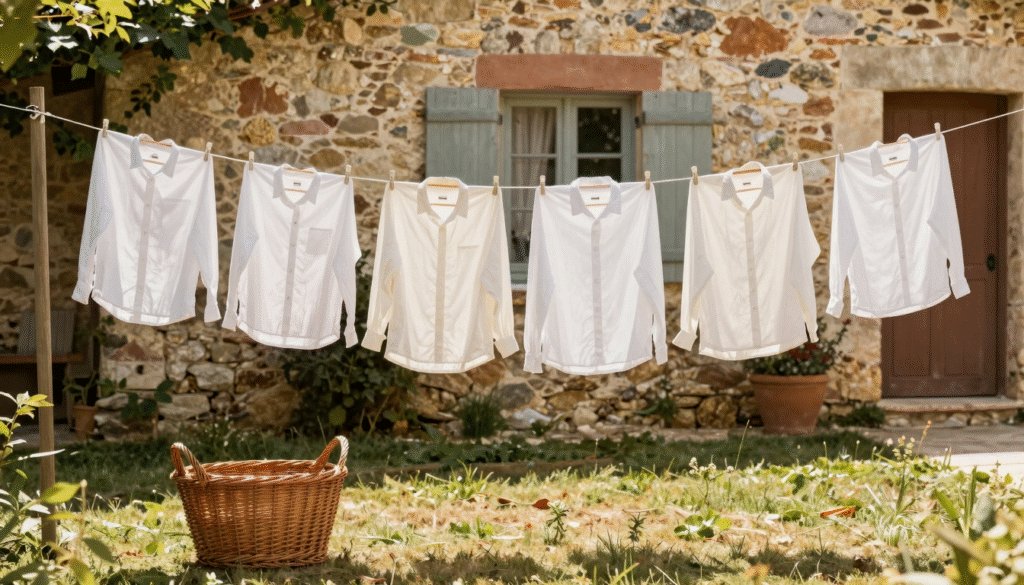 Chemises sur cintres en bois et linge blanc séchant sur un fil dans un jardin ensoleillé, panier en osier posé dans l'herbe