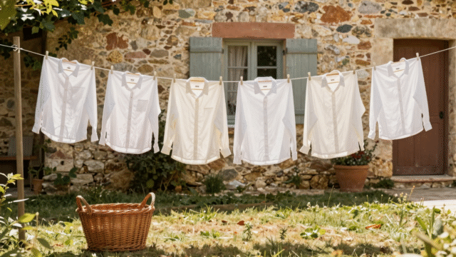 Chemises sur cintres en bois et linge blanc séchant sur un fil dans un jardin ensoleillé, panier en osier posé dans l'herbe