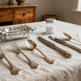 Couverts en argent brillants sur une nappe en lin, avec plat tapissé de papier d'aluminium et bicarbonate pour le nettoyage