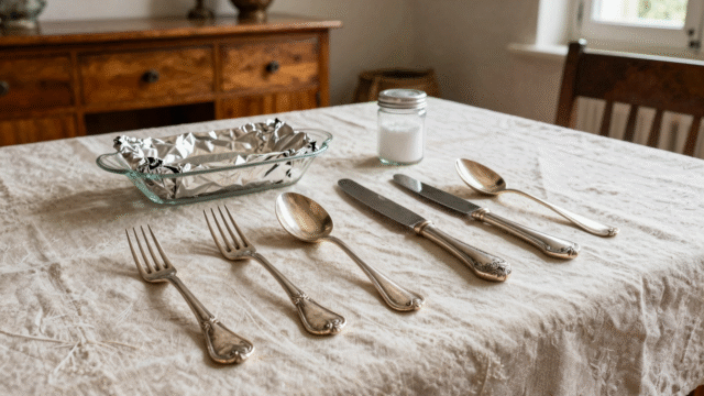 Couverts en argent brillants sur une nappe en lin, avec plat tapissé de papier d'aluminium et bicarbonate pour le nettoyage
