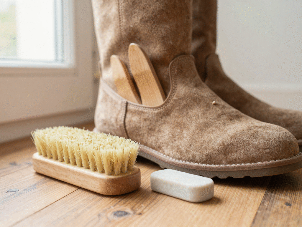 Brosse crêpe et gomme posées près de bottines en daim maintenues par des embauchoirs en cèdre