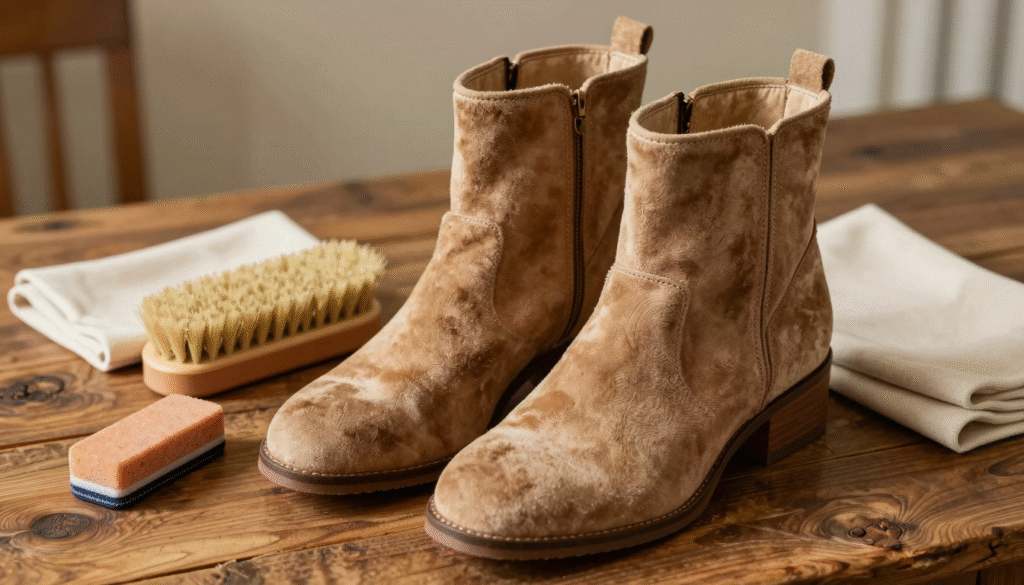 Bottines en daim camel avec brosse crêpe, gomme et chiffon doux prêts pour l'entretien