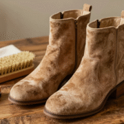 Bottines en daim camel avec brosse crêpe, gomme et chiffon doux prêts pour l'entretien